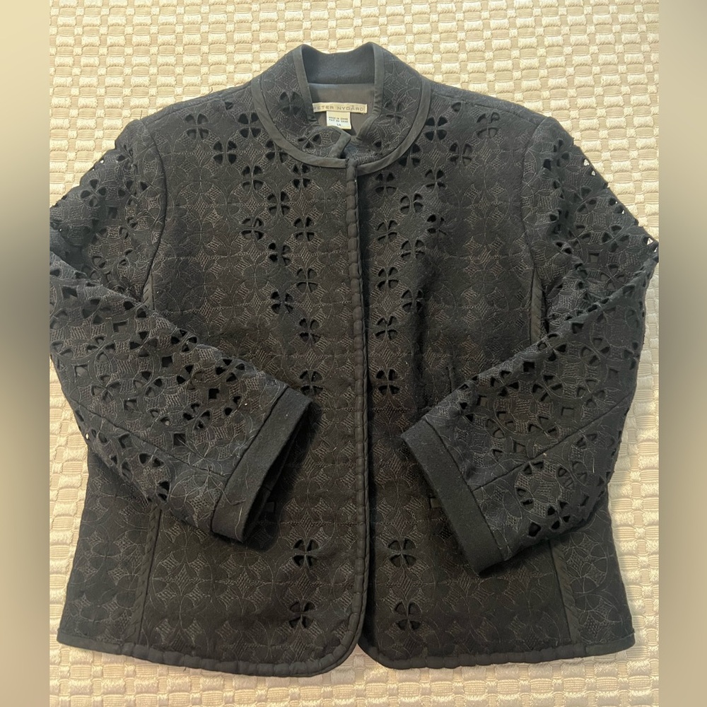 Peter Nygard embroidered cut out wool and viscose jacket. Size 14